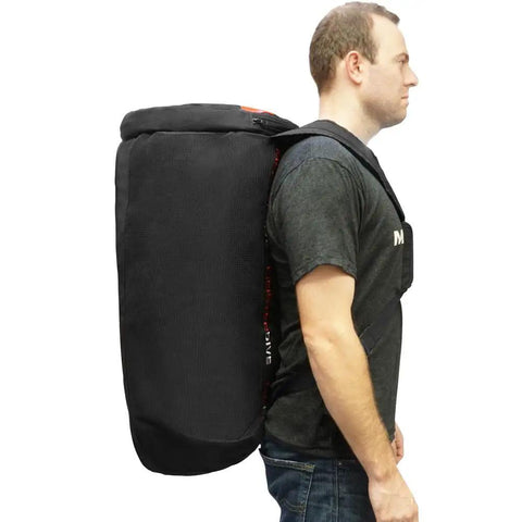 Side view of person wearing Mesh Duffel Backpack Dive Bag With Dry Pocket For Scuba And Snorkeling Black Large 29 By 15 By 15 Inches