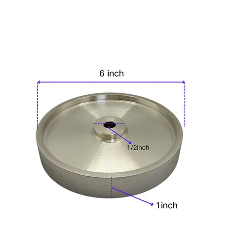 6 Inch 600 Grit CBN Grinding Wheel For Sharpening High Speed Steel Tools Lathe Tools And Chisel Sets displayed with dimensions
