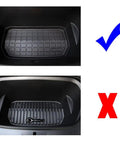 Comparison of Tesla Model Y 2021 Refresh Frunk Liner Hecka Tough TPE Rubber Cargo Floor Mat custom fit and an incorrect mat.