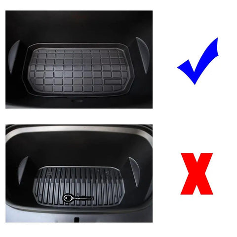 Comparison of Tesla Model Y 2021 Refresh Frunk Liner Hecka Tough TPE Rubber Cargo Floor Mat custom fit and an incorrect mat.