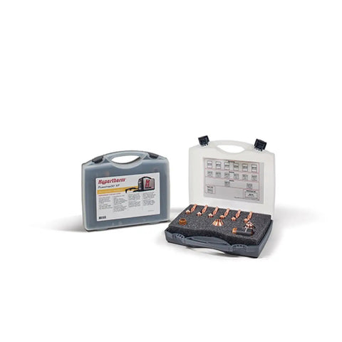 Pro Grade Consumable Kit For Powermax30 XP Essential Handheld Plasma Cutter shown with open storage case and consumables