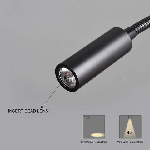 Wall Mounted Reading Light With Touch Dimmer LED 3W Warm White 3000K Black Metal Gooseneck Adjustable Arm Insert Bead Lens