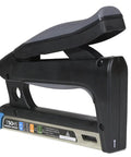 Pro Level Hard Core 2 In 1 Staple And Nailer Combo For Wood Upholstery And Furniture Repairs Fits T50 Staples And 5 8 Inch Brad Nails, black ergonomic hand tool.