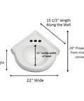 Dimensions of 22 Inch Corner Wall Mounted Bathroom Sink White With Overflow No Hardware Model 87333 for tight bathrooms