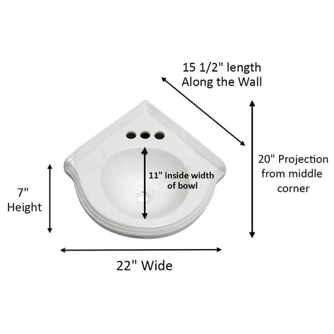 Dimensions of 22 Inch Corner Wall Mounted Bathroom Sink White With Overflow No Hardware Model 87333 for tight bathrooms