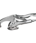 Heavy Duty 6 Inch Drill Press Clamp With Steel Jaw Grabs Like A Vice Keeps Workpiece Locked Down Zero Slack Adjustments, showing a silver steel clamp.