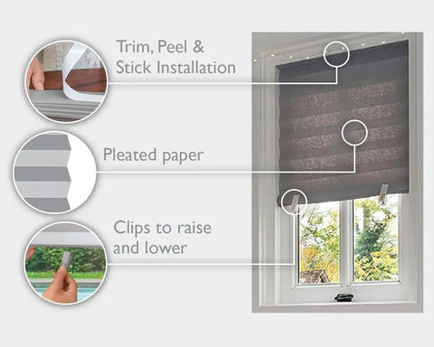 Cordless Room Darkening Pleated Paper Shade Gray 36x72 Inches Pack Of 6 No Tools Needed, installation details shown