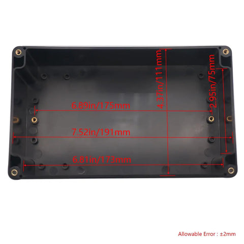 IP65 Waterproof ABS Plastic Electrical Project Box With Fixed Ear In Black For Outdoor And Indoor Use Heavy Duty Junction Box 7.87 By 4.72 By 2.95 Inches, showing inside dimensions and structure.