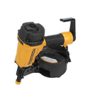 No Fuss Pneumatic Coil Siding Nailer With Rugged Aluminum Construction adjustable depth setting, black and yellow design, ideal for exterior cladding repairs.