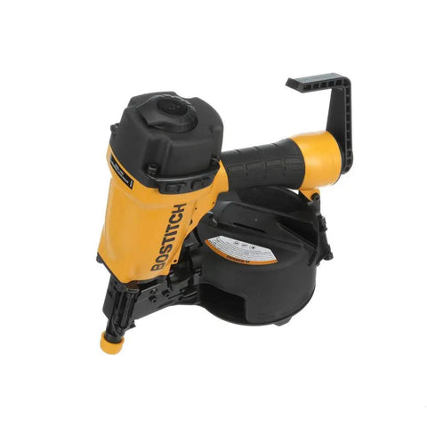 No Fuss Pneumatic Coil Siding Nailer With Rugged Aluminum Construction adjustable depth setting, black and yellow design, ideal for exterior cladding repairs.