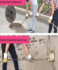 Two individuals using Heavy Duty Flat Steel Drain Cleaning Tape 2000 Cm Long Manual Sewer Clog Remover to clear manholes and rainwater pipes.