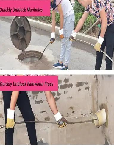 Two individuals using Heavy Duty Flat Steel Drain Cleaning Tape 2000 Cm Long Manual Sewer Clog Remover to clear manholes and rainwater pipes.
