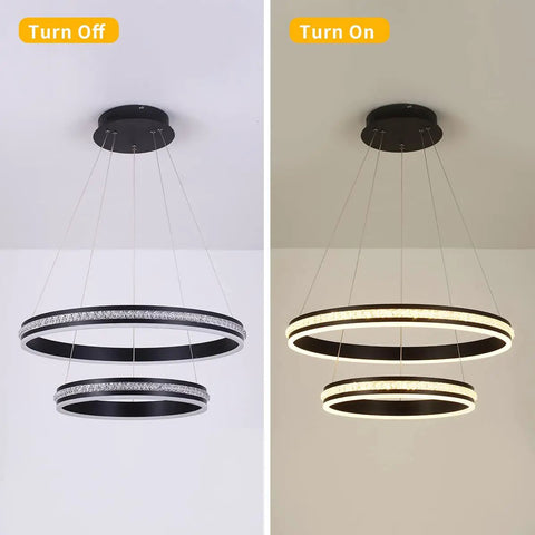 Modern Crystal Chandelier With Dimmable LED Pendant Light In Black, Acrylic Double Ring Design, lit and unlit side view