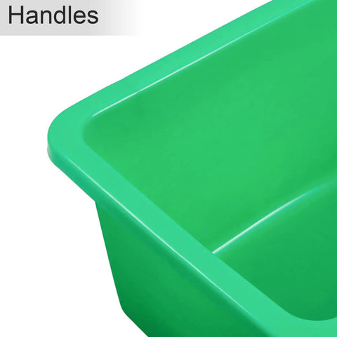 Close-up of a green plastic cubby bin handle from the 84 Pack Plastic Cubby Bins For Classroom Storage Rainbow Organizer.
