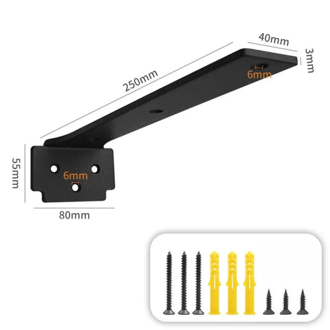 Heavy Duty Iron Two Shelf Brackets Black Coated Metal Wall Supports For Floating Shelves with screws and wall anchors, dimensions shown
