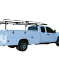 Heavy Duty Steel Service Body Ladder Rack Bolt On Mount For Utility Trucks 14 Foot 6 Inch Span installed on a white utility truck.