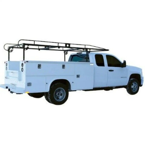 Heavy Duty Steel Service Body Ladder Rack Bolt On Mount For Utility Trucks 14 Foot 6 Inch Span installed on a white utility truck.