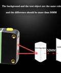 NPN Photoelectric Sensor For Diffuse Reflective Detection, 2MM Spot Size, LED Display, diagram showing 50mm detection range.