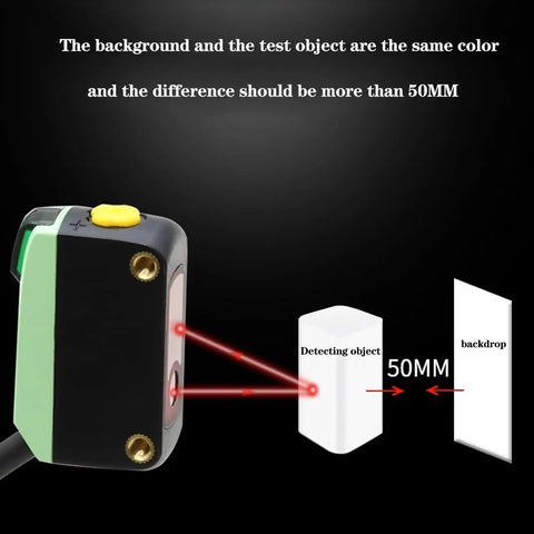 NPN Photoelectric Sensor For Diffuse Reflective Detection, 2MM Spot Size, LED Display, diagram showing 50mm detection range.