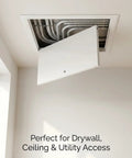 Heavy Duty Aluminum Access Panel Featuring A Slick Flush Concealed Hinge And Dead Nuts Tight Screw Mount For Drywall Ceilings Utility Shafts And Tile Wall Openings with open door revealing pipes inside.