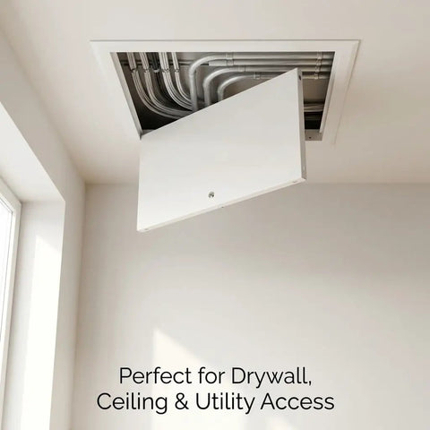 Heavy Duty Aluminum Access Panel Featuring A Slick Flush Concealed Hinge And Dead Nuts Tight Screw Mount For Drywall Ceilings Utility Shafts And Tile Wall Openings with open door revealing pipes inside.