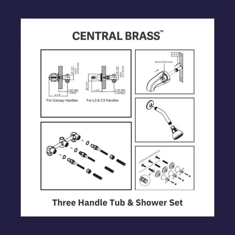 Diagram of installation for Three Handle Tub And Shower Set In Chrome Classic Transitional Style with detailed components