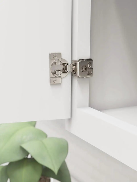 Pro Level Compact Concealed Cabinet Hinges One Pair Self Closing Face Frame Hardware With One Quarter Inch Overlay and No Hassle Setup for Smooth Rock Solid Door Movement on white cabinet.