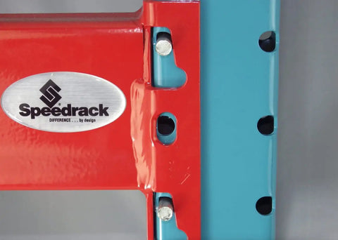 Industrial Pallet Rack Clips Box Of 10 Heavy Duty Steel Shelving Hardware To Secure Warehouse Inventory close-up of red and blue steel components