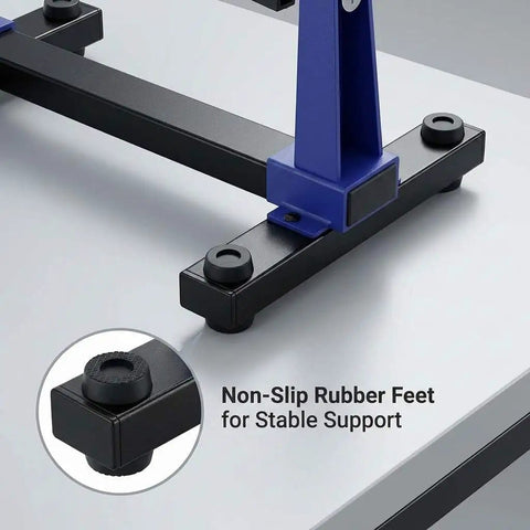 Adjustable PCB Holder Frame With 360 Degree Rotation for Soldering showing non-slip rubber feet for stability on a workbench.