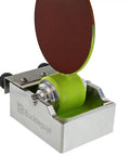 Close-up of Heavy Duty Aluminum Leather Edge Paint Roller Featuring Spring Loaded Tension Knurled Handle For Tweaking Pressure And Knocking Out Killer Leather Finishes Fast in use.
