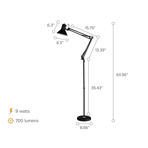 72 Inch Tall Swing Arm Floor Lamp For Office And Lounge Spaces With Multi Joint Adjustment All Metal Construction Weighted Base Black Finish Flicker Free LED Light Includes Replaceable LED Bulb Ideal Desk And Workspace