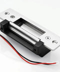 Real Deal Heavy Duty Electric Door Strike Lock With Reinforced Lock Body And Thick Stainless Base For Rock Solid 12V Access Control Security And No Shake Mounting In Black, featuring zinc alloy and wiring.