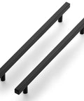 Matte Black 10 Inch Square Cabinet Pulls, 5 Pack, 12-1/2 Inch Overall Length, shown in side view, for modern kitchen cabinets.