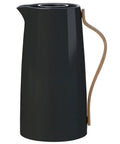 Side view of Emma Insulated Coffee Flask 1.2 Liter with Beechwood Handle, High Gloss Stainless Steel Body, Black Plastic Exterior