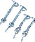 Tank Tough Zinc Plated Hook And Eye Latch With Snap Shut Spring Lock For Secure Shed Gate And Cabinet Doors Weather Resistant Steel Safety Catch 4 Pack, showing two large and two small latches.