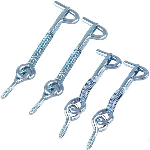 Tank Tough Zinc Plated Hook And Eye Latch With Snap Shut Spring Lock For Secure Shed Gate And Cabinet Doors Weather Resistant Steel Safety Catch 4 Pack, showing two large and two small latches.