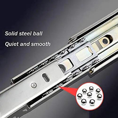 Close-up view of heavy duty push to open drawer slides with full extension, showcasing solid steel ball bearings for smooth operation.