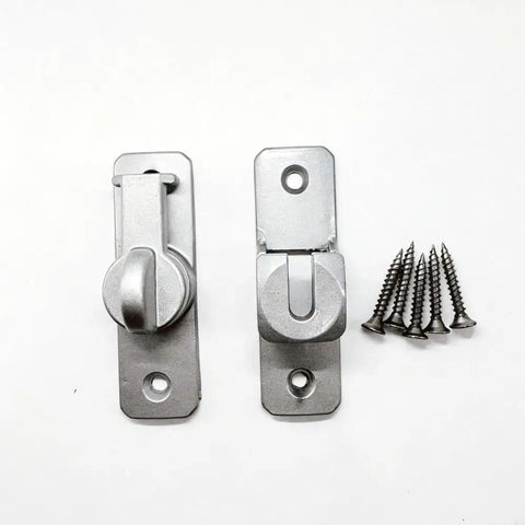 Heavy Duty Silver Door Latch With Hook And Eye Turn Button Cabinet Lock For RV Gates And Kitchen Cupboards featuring two silver components and screws.