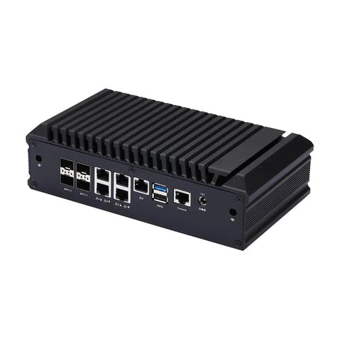 Mini Pc Tower Powered By The Atom C3958 Processor With Sixteen Gb Ram Featuring Four Ten Gigabit Sfp Plus Fiber Links Alongside Five Two Point Five Gbe Ethernet Ports rear angle showing ports and cooling design.