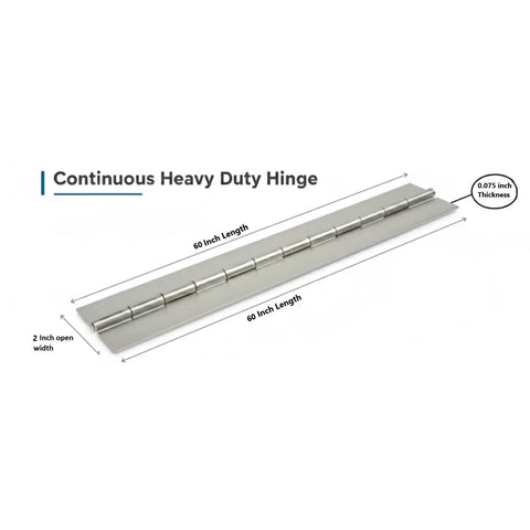 Dope Heavy Duty Steel Continuous Hinge Runs Sixty Inches Long With A Stout Two Inch Width And Smooth Plain Steel Setup, showing measurements.