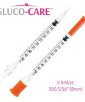 Front view of two GLUCO-CARE 0.5 ml syringes with orange plungers, 30G 5/16 in (8 mm), 100/box.