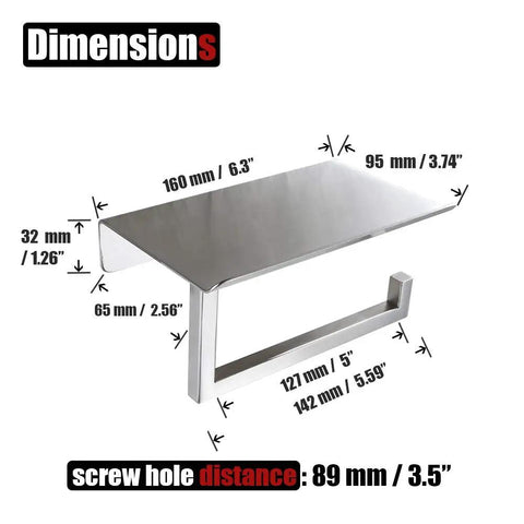 Toilet Paper Holder With Phone Shelf Fits Five Inch Rolls 304 Stainless Steel Brushed Finish Wall Mount Bathroom Organizer