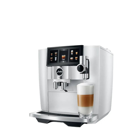 Top Shelf Automatic Espresso Coffee Maker With Dual Bean Hopper And Sweet Foam Milk Frother One Touch Brew White with latte in glass.