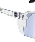 Close-up of Straight Up Photochromic Safety Sunglasses With Polarized Optics And Ultraviolet Shielding, transparent frame design.