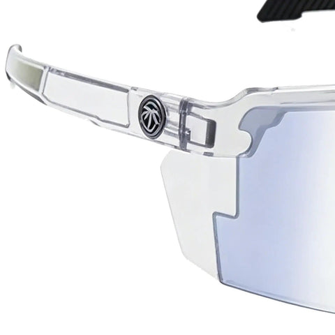 Close-up of Straight Up Photochromic Safety Sunglasses With Polarized Optics And Ultraviolet Shielding, transparent frame design.