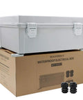 Tough As Nails Outdoor Weatherproof Electrical Box With Internal Mounting Panel on cardboard box, two glands shown, IP65