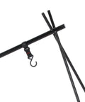 Portable Triangular Outdoor Storage Rack for Camping and Picnics, lightweight cookware hanger, corner view, black steel structure.