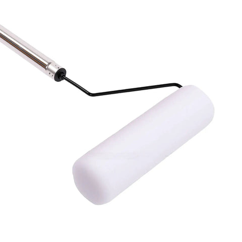 Hella Smooth Extendable Paint Roller Kit With Long Reach Telescopic Pole showing a thick white roller cover for painting.