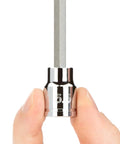 Close-up of hand holding hex bit from Three Eighths Inch Drive Long Hex Bit Socket Set 18 Piece SAE One Eighth To Three Eighths Inch And Metric