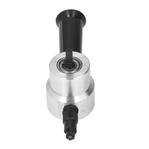 Heavy Duty Dual Head Electric Nibbler Cutter For Metal Sheets Rotate Any Direction Cut Stainless Steel Iron Copper Aluminum Portable Power Tool Quick Change Blade Design High Speed Precision Cutting close-up view of cutting head.